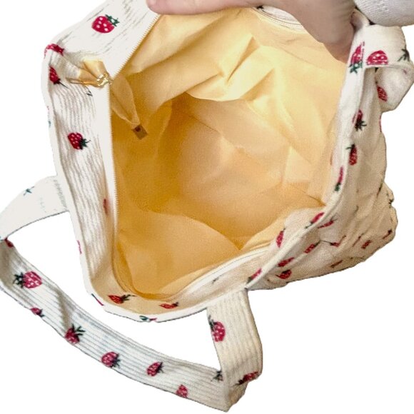 Spacious Pink Corduroy Zipper Tote Bag Strawberries Strawberry Pattern Handbag - Picture 5 of 6